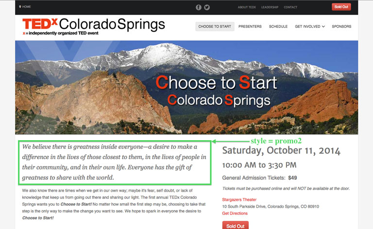 TEDx Colorado Springs home page with promo2 css highlighted