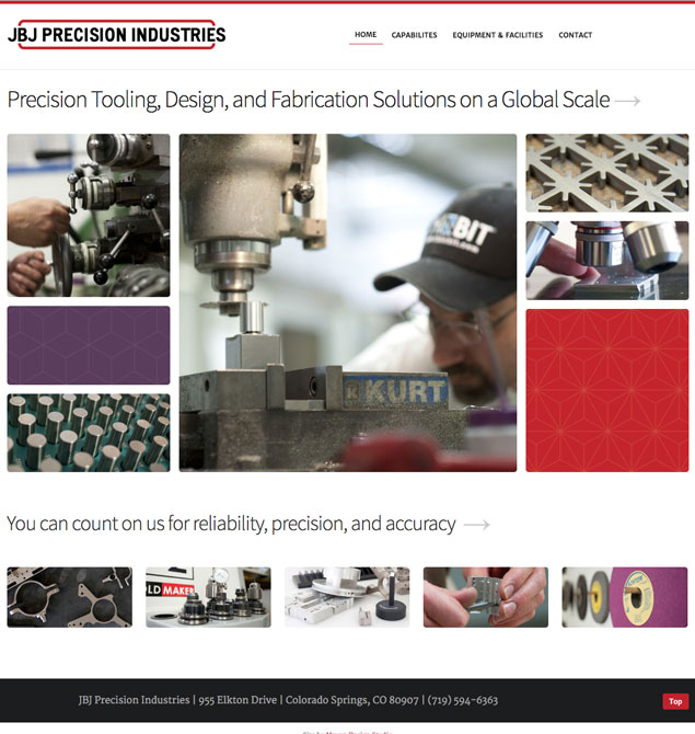 Home page view of JBJ Precision Industries website showing tools and machine operator