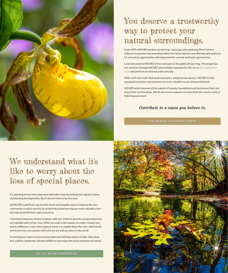 NICHES Land Trust website home page example