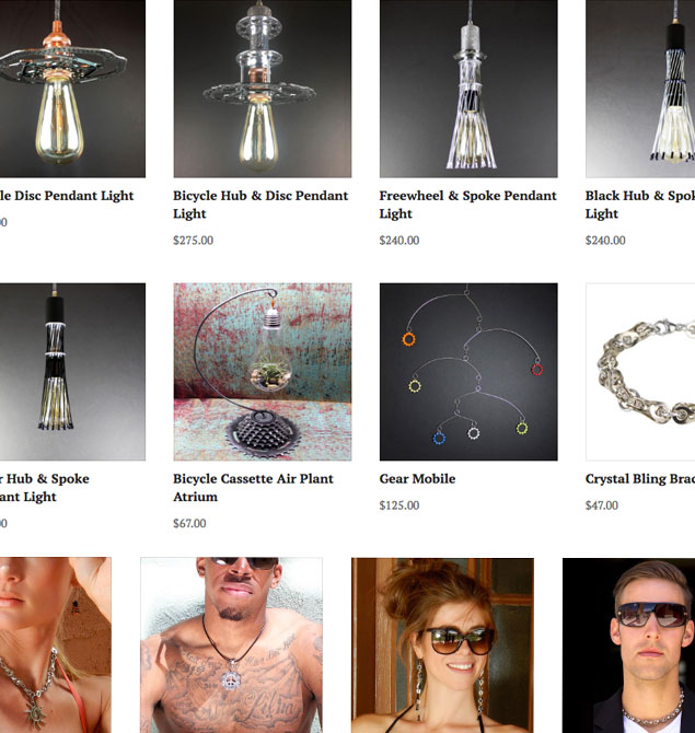 Twelve product images from Velo Bling Designs such as necklaces, bracelets, and light fixtures