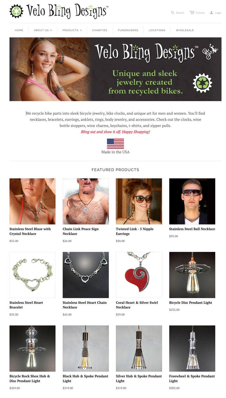 Twelve product images from Velo Bling Designs such as necklaces, bracelets, and light fixtures